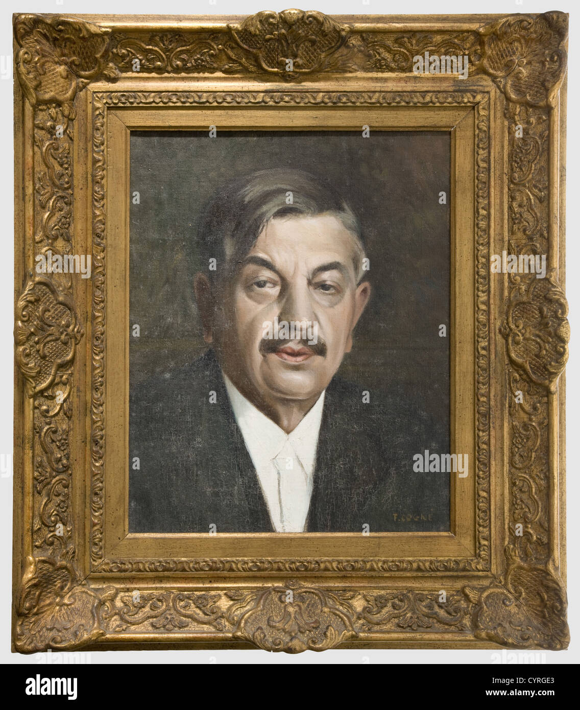 Président Pierre Laval (1883 - 1945), a portrait, Vichy France Oil on canvas, signed on the lower right F. COGNÉ. Laval showed in dark suit, white shirt and his famous tie. The canvas craquelured and stained. In gilt frame (63 x 55 cm). Picture size 41.5 x 33 cm. Pierre Laval was prime minister several times during the Third Republic. He was a minister and after Marshal Pétain the most important politician of the Vichy government, thus responsible for ist policy of collaboration with the German Reich. He was elected senator for the Seine (1927 - 1936) and for , Stock Photo