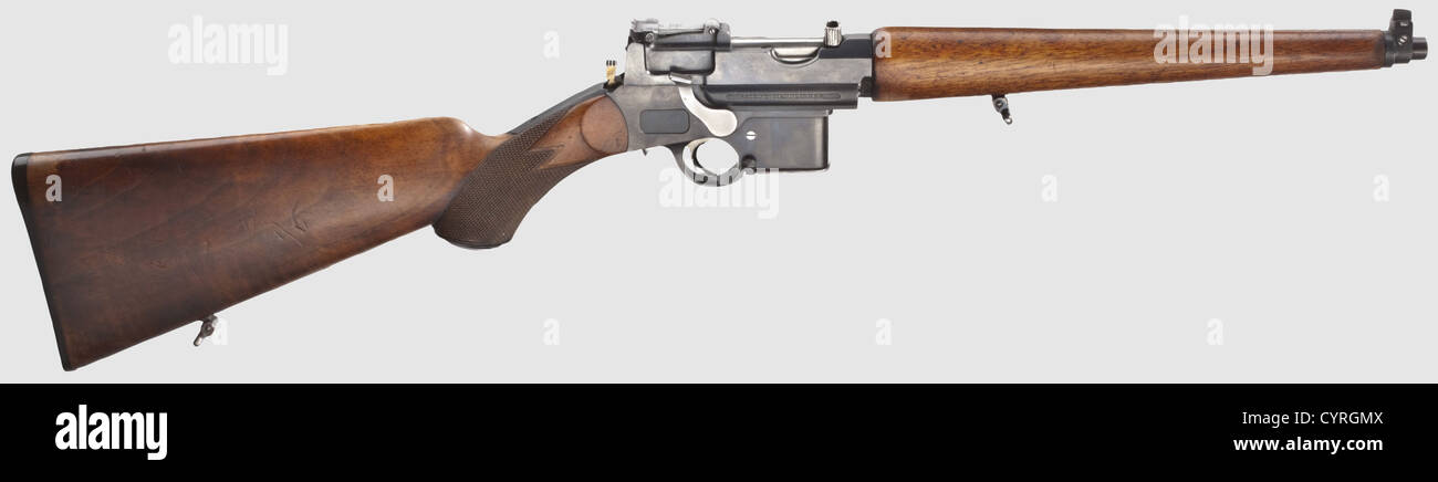 Mannlicher self-loading pistol carbine Mod.1901,early type,cal.7.63 mm Mannlicher,no.69.Matching numbers.Good bore,barrel length 30 cm.Total length 74.5 cm.Six-shot box magazine with no.71.Proof-marked crown/'N'.Tangent rear sight scaled 80 - 200 - 300.Neck safety.On left side of frame early marking RHEIN.MET.- u.MASCH.-FBR.ABT.SOEMMERDA.',right side 'PATENT MANNLICHER.'(firm name with patent was dropped as from appr.Ser.No.100.Additionally sight base was modified,magazine catch on right side of magazine plate was omitted as well as ,Additional-Rights-Clearences-Not Available Stock Photo