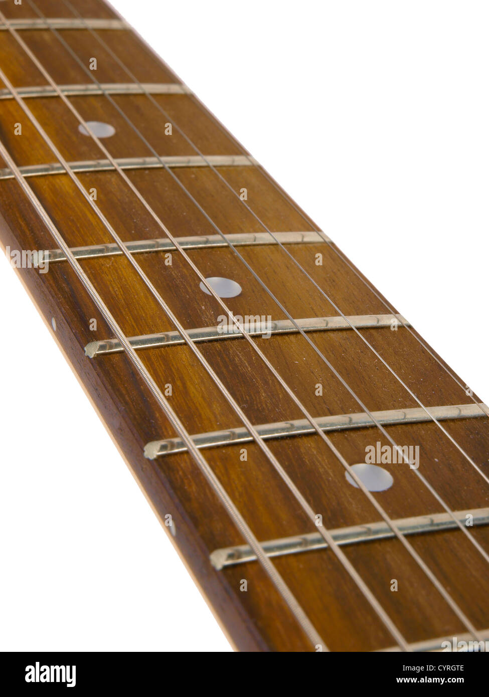 guitar neck with strings. Close up on white background Stock Photo