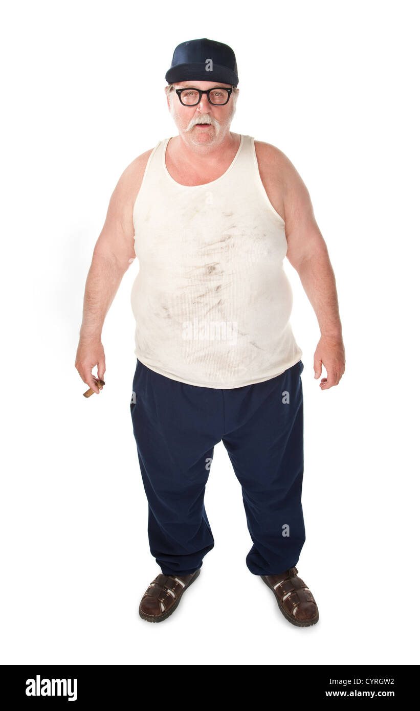 Obese man in tee shirt on white background Stock Photo