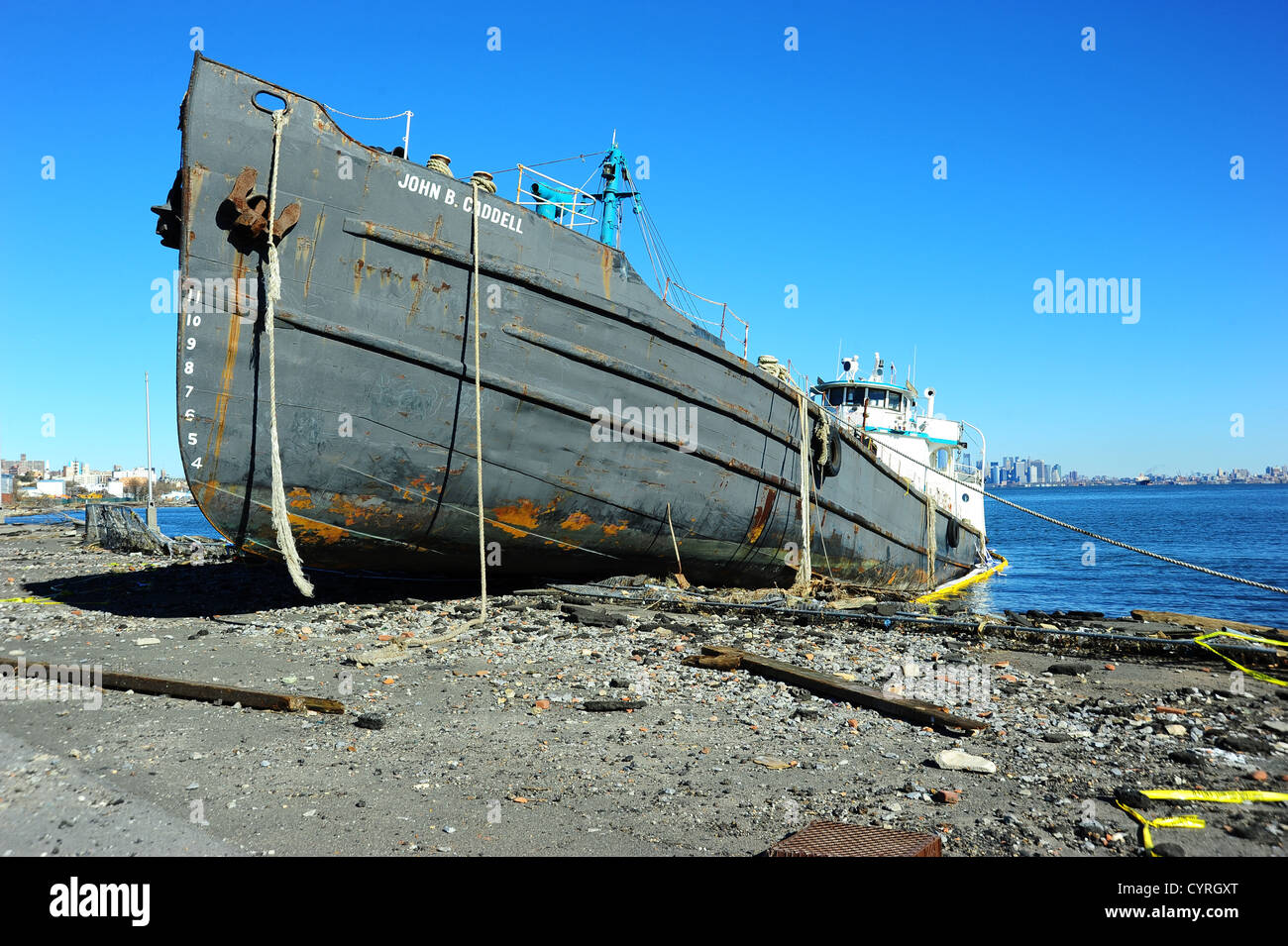 A large ship grounded on the shore after Hurricane Sandy November 4, 2012 on Staten Island, NY. Stock Photo