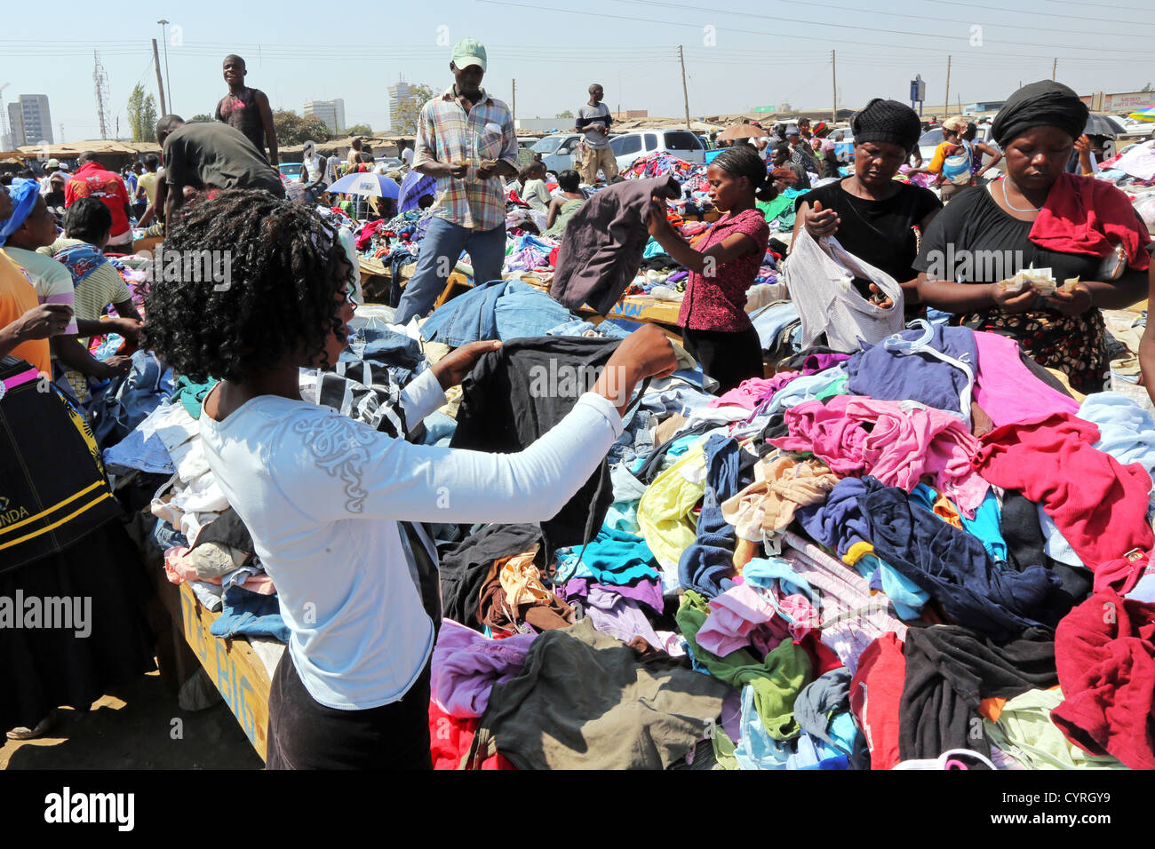 Old-Soweto second hand clothes market in Lusaka, Zambia. Stock Photo