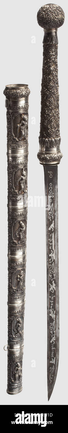 A Burmese silver-mounted ceremonial dha,circa 1900 Slightly curved(somewhat stained)single-edged blade with decorative silver figure and script inlays on both sides. Silver grip with a ball-shaped pommel,embossed with extremely lavish floral decoration in relief. The multi-piece silver scabbard shows embossed relief figures within floral decoration on both sides. Length 100.5 cm. Unusual,beautifully worked,dha,historic,historical,1900s,20th century,19th century,Indonesian archipelago,Indonesia,Far East,Asia,Asian,ethnology,ethnicity,ethnic,t,Additional-Rights-Clearences-Not Available Stock Photo
