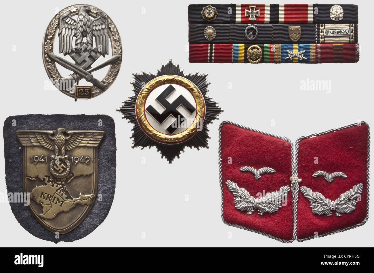 Decorations and certificates, of a lieutenant of an assault gun detachment of the Luftwaffe German Cross in Gold, lightweight version of the manufacturer '20'. In mint condition, on the historic, historical, 1930s, 20th century, Air Force, branch of service, branches of service, armed service, armed services, military, militaria, air forces, object, objects, stills, clipping, clippings, cut out, cut-out, cut-outs, insignia, symbols, symbol, emblem, emblems, Additional-Rights-Clearences-Not Available Stock Photo