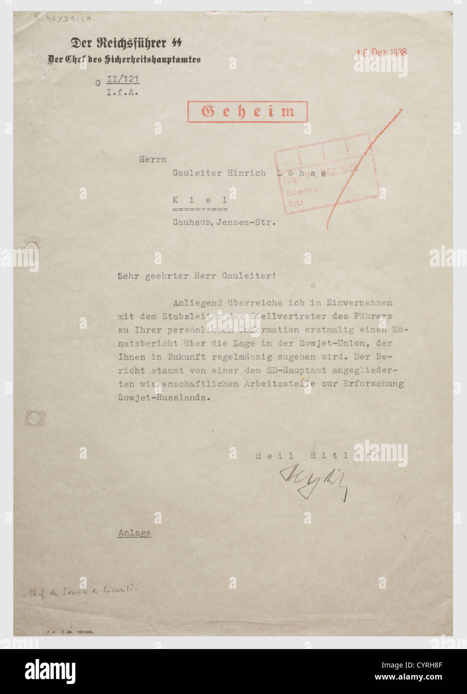 Reinhard Heydrich,a signed letter to Gauleiter Hinrich Lohse 1938 Personal ink signature on a typewritten letter of 16 December 1938 regarding a monthly report on the situation in the Soviet Union. Letter head 'Der Reichsführer SS,der Chef des Sicherheitshauptamtes'(The Reichsführer SS,the Head of the Reich Security Head Office),stamp 'classified'. Folded and punched(pasted),slightly spotted. Reinhard Tristan Eugen Heydrich(1904 - 1942)has been Chief Group Leader SS and police general,head of the RSSHA as well as protector of Bohemia and Moravia,hist,Additional-Rights-Clearences-Not Available Stock Photo