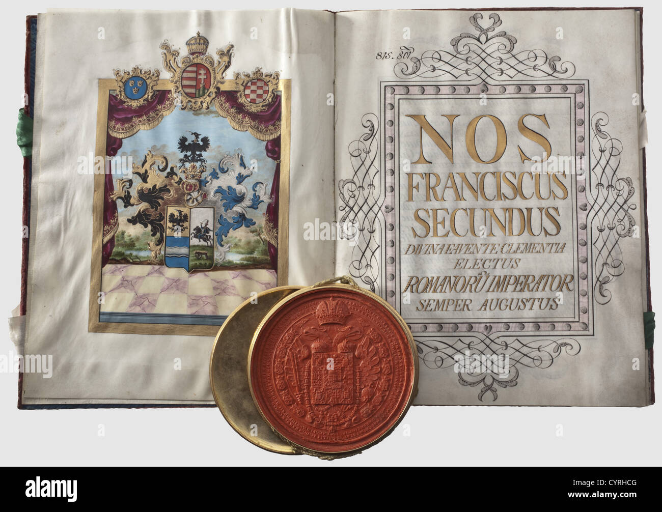 Kaiser Franz II Joseph Karl(1768 - 1835),A heraldic document granting a coat of arms to Seniori Francisco Zsitvay Parchment pages inscribed mostly in calligraphy.Franz II's signature in his own hand,dated 23 January 1801.(notarized certifications from 1801 and 1819 on the back).A very beautiful richly decorated and coloured noble coat of arms with gilded decoration in relief.Bound in purple-red velvet(damaged).Suspended red wax seal in a gilded skippet on a golden cord.Dimensions 36 x 28 cm.Diameter of the skippet 15 cm.Franz II of Habsburg-Lorraine,Additional-Rights-Clearences-Not Available Stock Photo