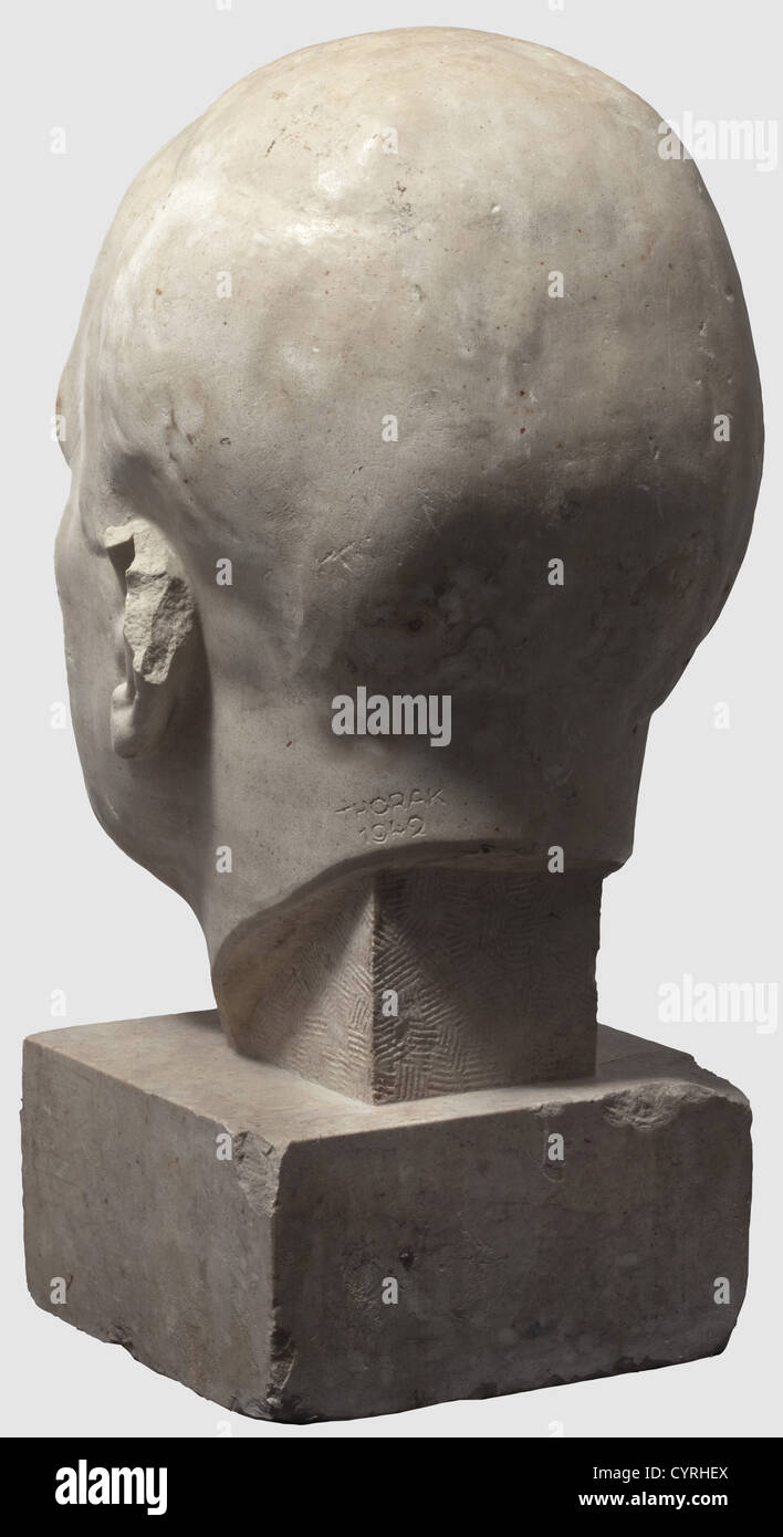 Josef Thorak (1889 - 1952), A monumental marble head Dr. Fritz Todt White marble with reddish inclusions, sculptured in one piece with a rectangular base, signed at the neck "THO people, 1930s, 20th century, fine arts, art, NS, National Socialism, Nazism, Third Reich, German Reich, Germany, National Socialist, Nazi, Nazi period, object, objects, stills, clipping, clippings, cut out, cut-out, cut-outs, man, men, male, Stock Photo