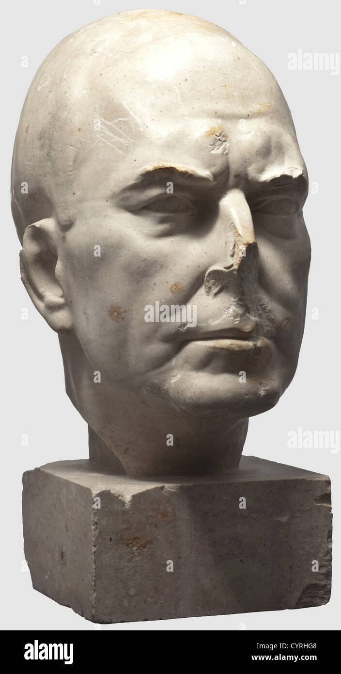 Josef Thorak (1889 - 1952), A monumental marble head Dr. Fritz Todt White marble with reddish inclusions, sculptured in one piece with a rectangular base, signed at the neck 'THO people, 1930s, 20th century, fine arts, art, NS, National Socialism, Nazism, Third Reich, German Reich, Germany, National Socialist, Nazi, Nazi period, object, objects, stills, clipping, clippings, cut out, cut-out, cut-outs, man, men, male, Stock Photo