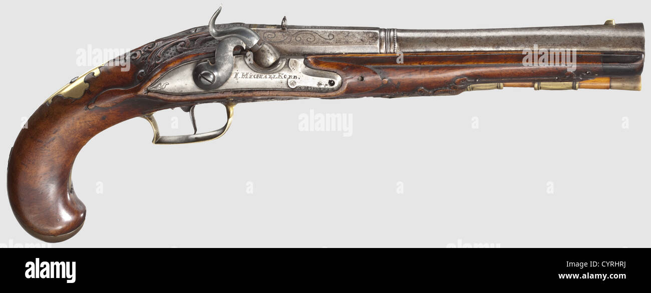 A percussion blunderbuss pistol,I. Michael Korb,Mühlheim,circa 1780.  two-stage barrel,octagonal breech section,then round after a chiselled  girdle,with a widened horizontally oval muzzle. Brass-inlaid 'spider' front  sight and iron rear sight. Vine ...