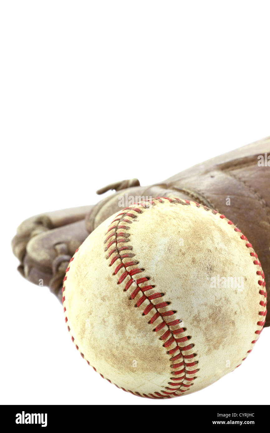 Used baseball and mitt isolated on white with clipping path included