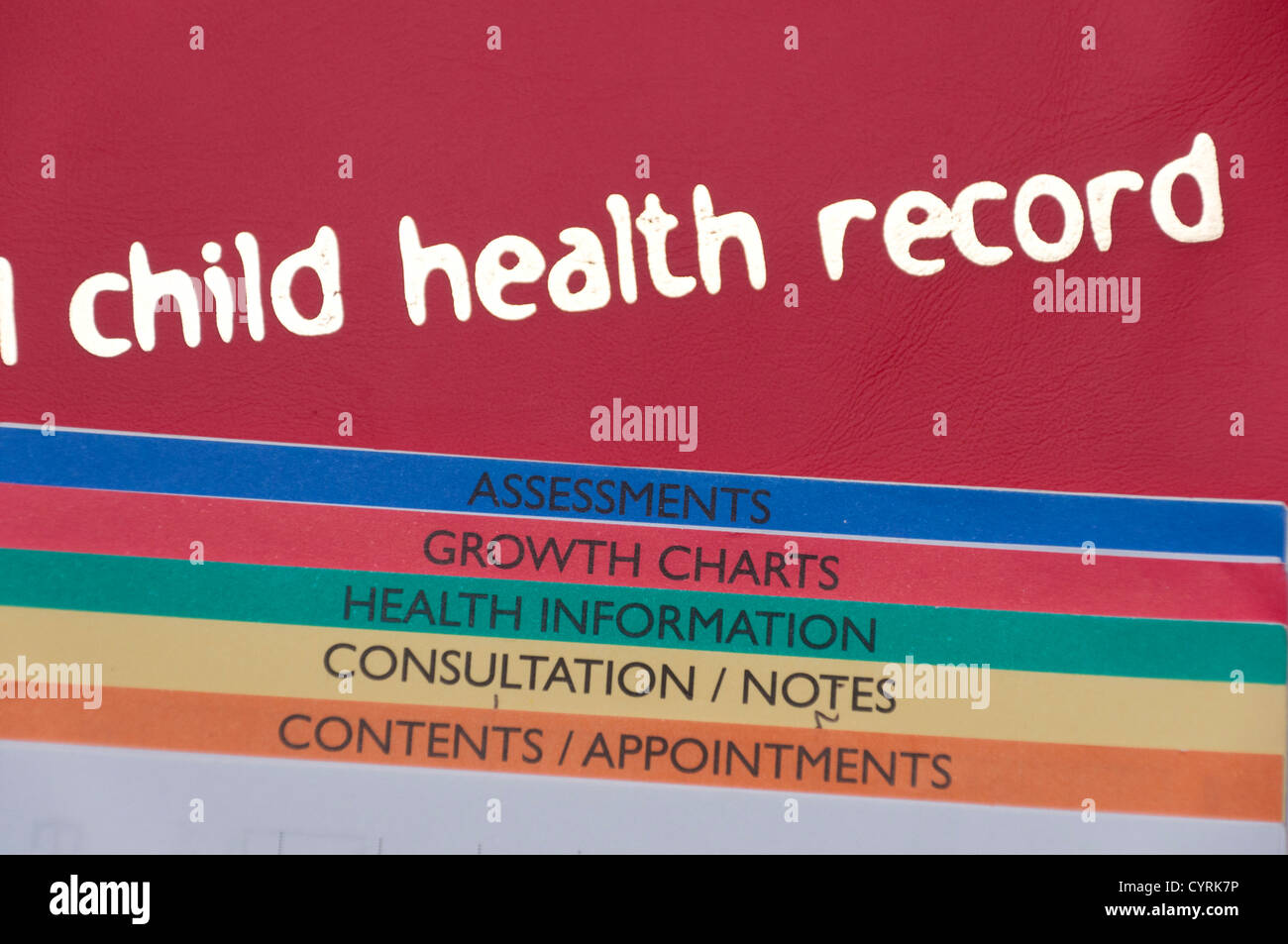 Child Health Record developmental notes. Stock Photo