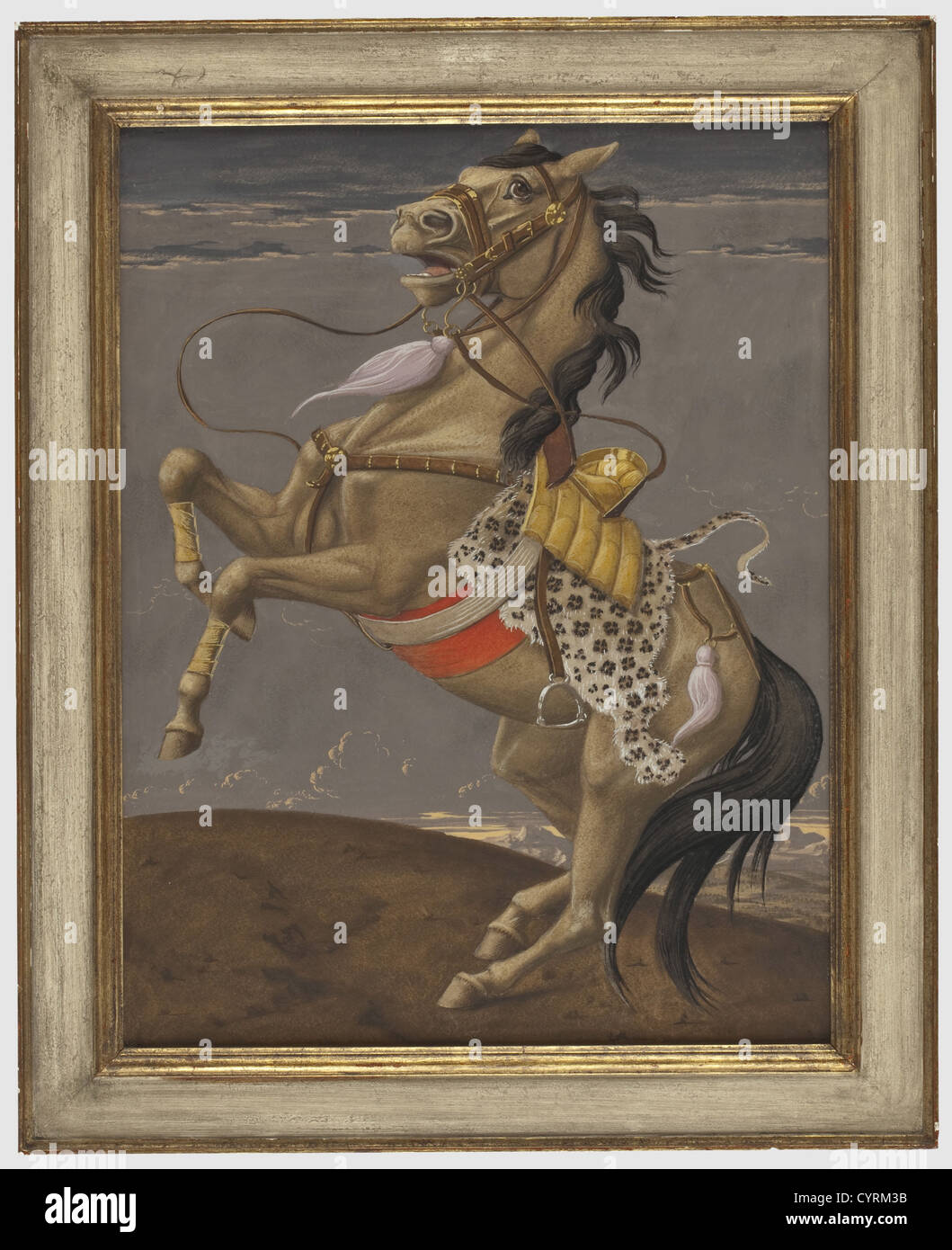Werner Peiner(1897 - 1984),Danger from the East Gouache on hardboard.Depiction of a rearing horse in hussar's style bridle in front of a cloud-covered sky,a mountain landscape in the right background.Signed in the lower left.In a glazed,profiled partly gilt trim frame(slightly worn).Framed 64 x 79 cm.After World War I Werner Peiner attended the Düsseldorf Academy,and from 1937 he led the Hermann-Göring-Meisterschule für Malerei in Kronenburg(Hermann Göring Master School for Painting).In 1938 Hitler acquired the triptych 'Das Schwarze Paradies'(The,Additional-Rights-Clearences-Not Available Stock Photo
