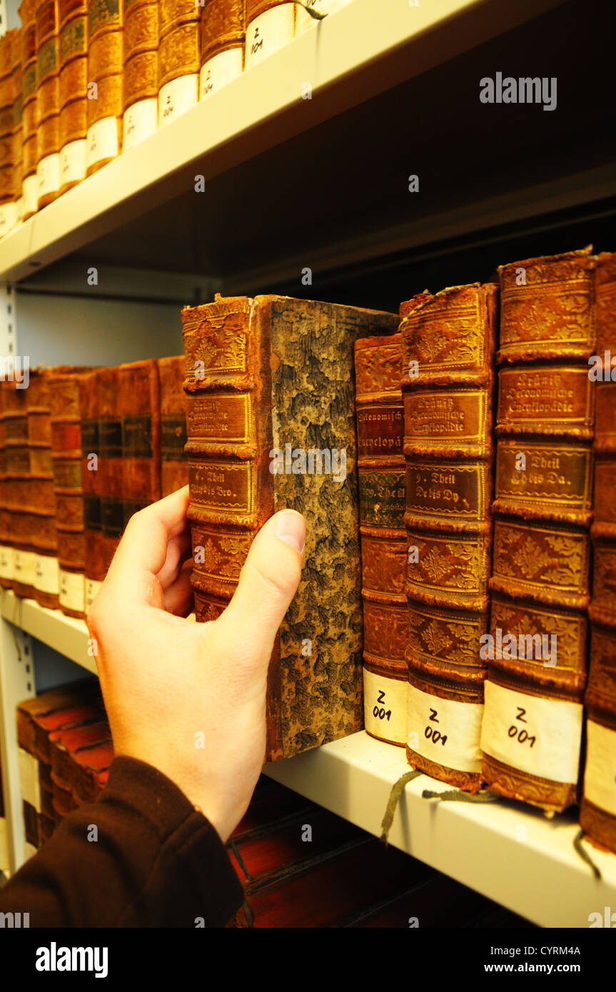 old books in a library bookshelf showing education concept Stock Photo