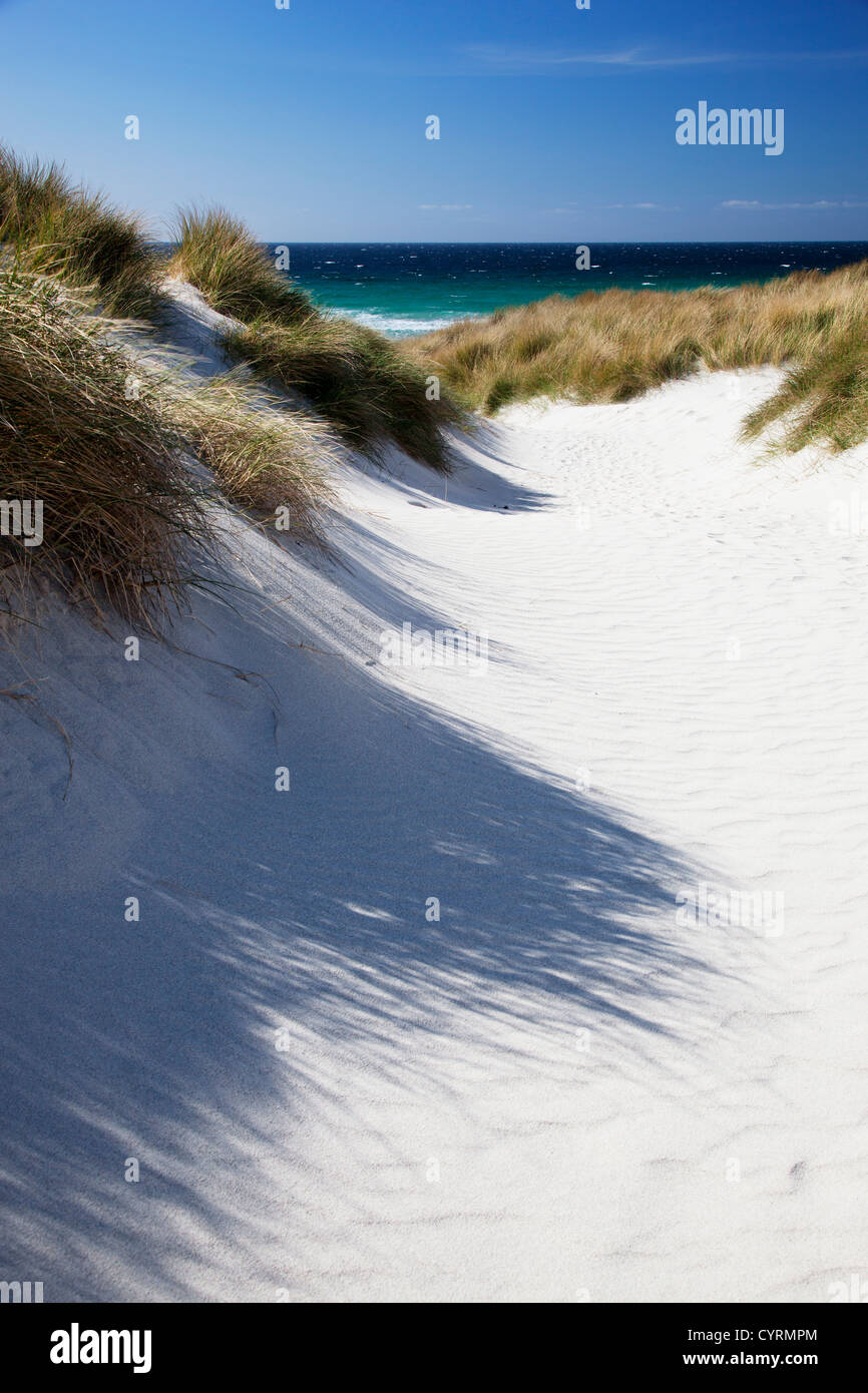 View through the sand dunes at Traigh Eais to the Atlantic Ocean on a sunny day, Isle of Barra, Outer Hebrides, Scotland, UK Stock Photo