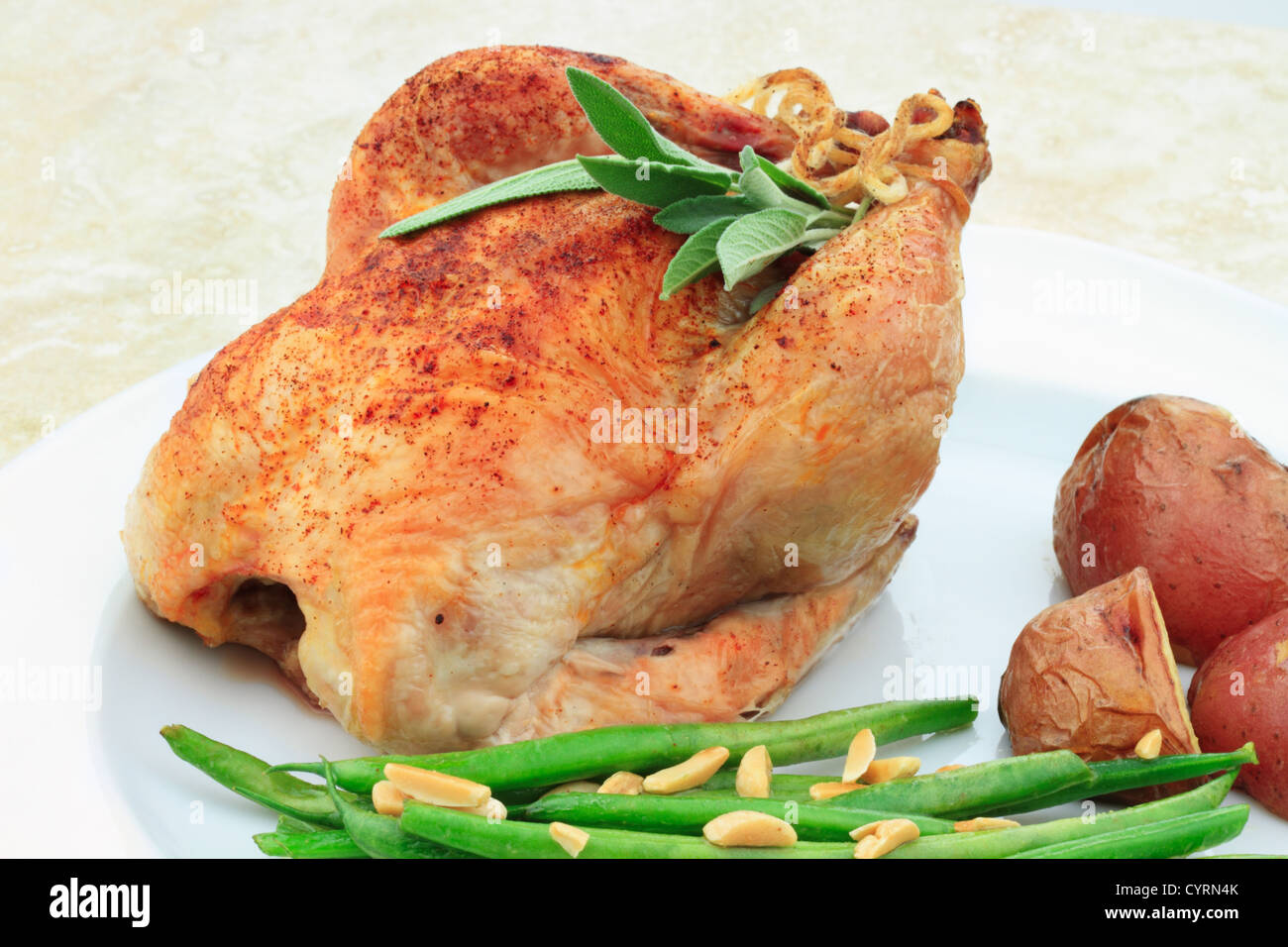 Roasted Cornish Hen with red potatoes and green beans sauteed with sliced almonds. Stock Photo