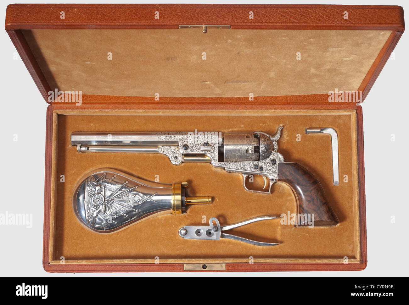 Colt Mod. 1851 Navy,engraved,silver plating,cased,postwar,cal..36,no.  16337. Matching numbers. Octagonal barrel,bright bore,length 7-1/2. Six  shots. Manufactured in 1975. Firm address on barrel,on frame marked Colts  Patent. On cylinder roll