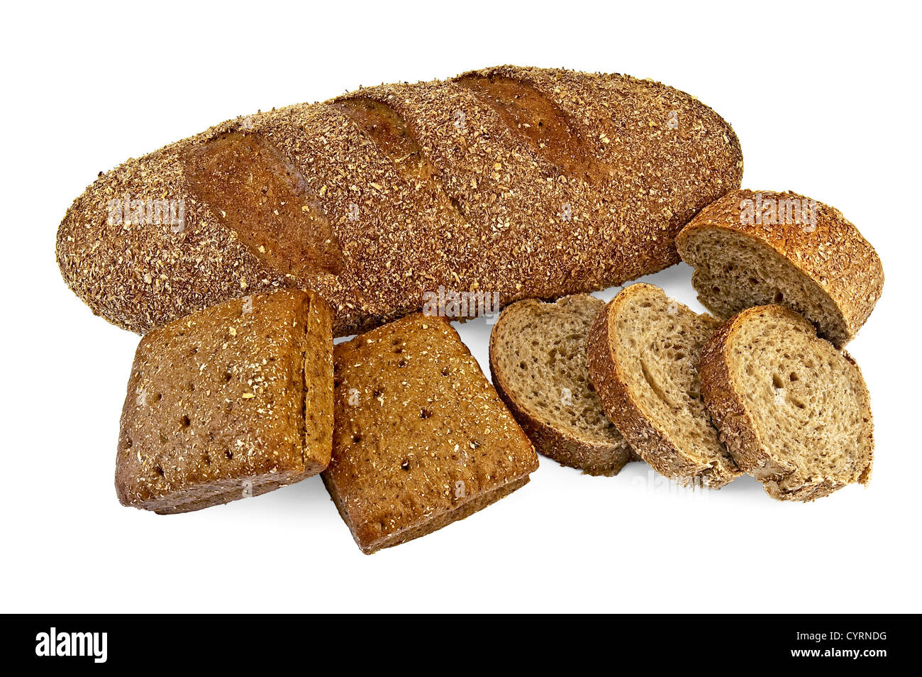 Baton rye bread, two square rye buns, hunks of rye bread isolated on ...