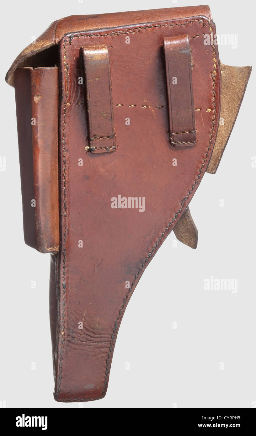 Holster for Pistol 04(Marine),conversed from shortened revolver holster M/87 for Reichsrevolver Mod. 1879. Unit stamp '21.U.R.1.E.II' inside flap,on back of inner side taken out unit stamp,new stamp 'P 04'. Front side made of dark brown,back side of reddish brown cowhide. Magazine pouch. Field grey buckle. Stitches in good order. Very good overall condition,historic,historical,19th century,accessory,accessories,miscellaneous,sundries,other,utility,utilities,equipment,utensil,piece of equipment,utensils,object,objects,stills,clipping,clip,Additional-Rights-Clearences-Not Available Stock Photo