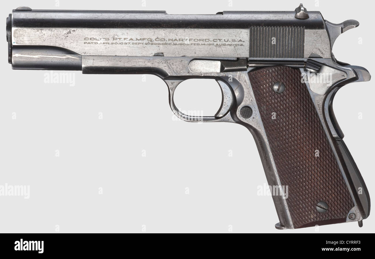 Colt Mod.1911 Commercial,with holster,from a 1942 support delivery of 100 pistols to 'Camp Norway' in Halifax on behalf of the Norwegian exile government,Cal..45 ACP,no.C208882.Bright bore.Standard inscription on both sides.On right side of frame additional issue no.'No.32' as a running number from 1 - 100,on top of it original inscription taken out by factory 'Concession Francaise Shanghai' from obsolete delivery as Shanghai was already occupied by the Japanese at that time.Original blue-black highly polished finish with few wear and storage marks,Additional-Rights-Clearences-Not Available Stock Photo