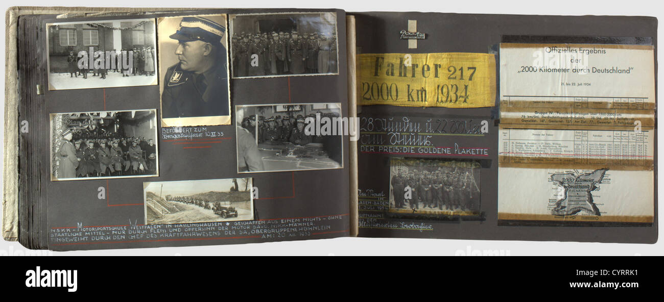 NSKK Gruppenführer Martin Wisch,personal photo album Large,amply filled photo album of the NSKK Gruppenführer. Inscription at front reading(tr)'An illustrated diary from the cradle to the Filled with appr. 200 photos,passports,newspaper cuttings,tickets and other items such as armbands etc. which vividly document the life of the NSKK Gruppenführer and the NSKK as an organisation. Several studio portraits,membership card of the NSAK(National Socialist Automobile Corps)from 1930,SA ID card from 1933,various admission tickets for events held at the Rei,Additional-Rights-Clearences-Not Available Stock Photo