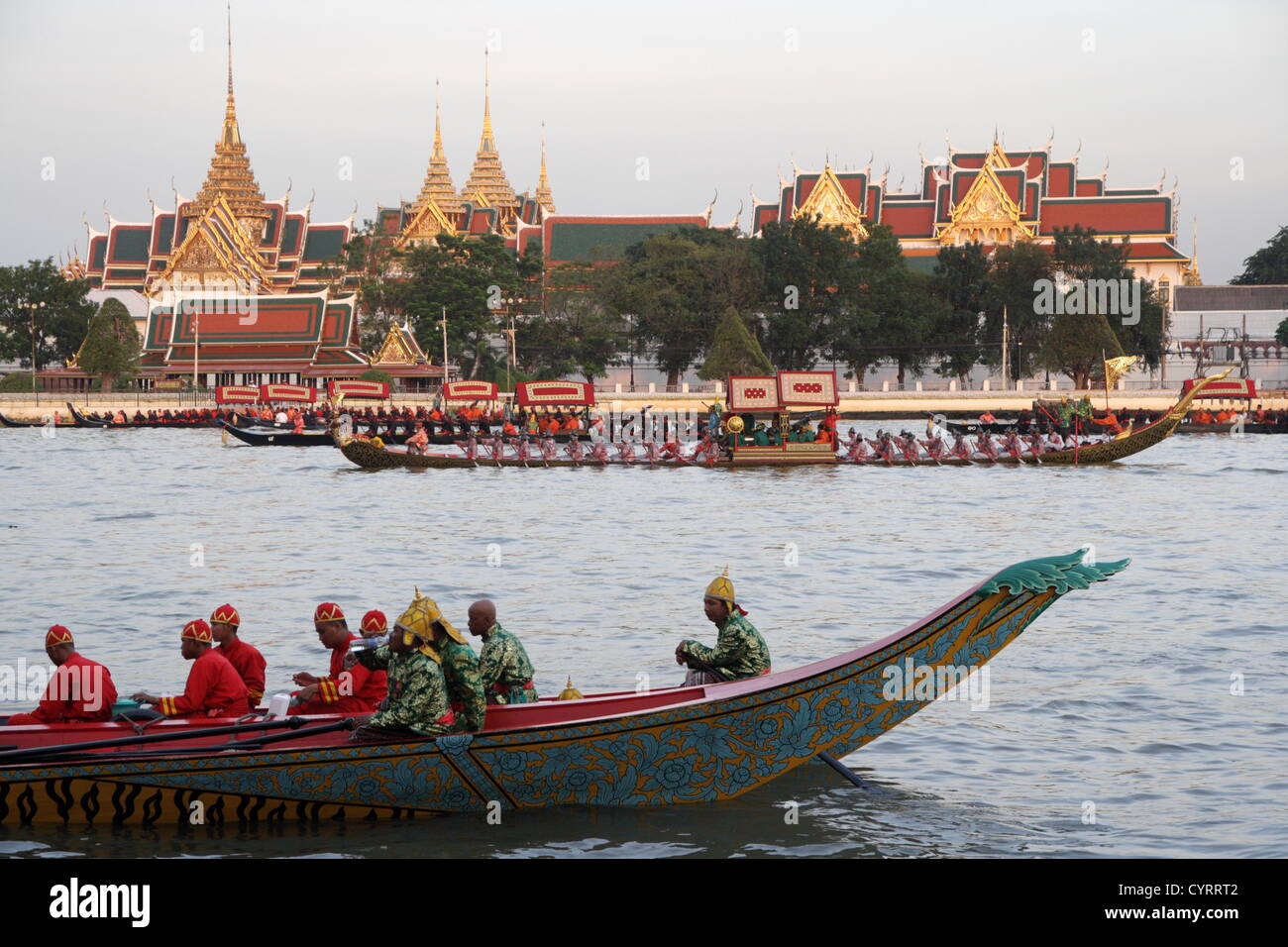 9th, November, 2012. Bangkok, Thailand. Sailors on boat in the Thai Royal Barge Procession.  Over 2,000 rowers in 52 barges took part in the procession from Va Su Kri pier to Wat Arun Temple , held for the first time in five years and presided over by Crown Prince Maha Vajiralongkorn,.  The Royal Barge Procession to Present the Royal Kathin Ceremony in a part of The Celebration on the Auspicious Occasion of His Majesty the King’s 85th Birthday Anniversary 5th December 2012. Stock Photo