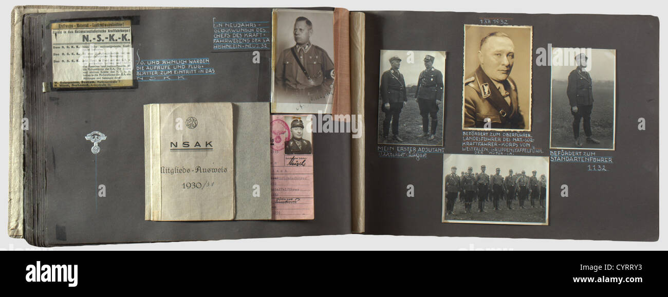 NSKK Gruppenführer Martin Wisch,personal photo album Large,amply filled photo album of the NSKK Gruppenführer. Inscription at front reading(tr)'An illustrated diary from the cradle to the Filled with appr. 200 photos,passports,newspaper cuttings,tickets and other items such as armbands etc. which vividly document the life of the NSKK Gruppenführer and the NSKK as an organisation. Several studio portraits,membership card of the NSAK(National Socialist Automobile Corps)from 1930,SA ID card from 1933,various admission tickets for events held at the Rei,Additional-Rights-Clearences-Not Available Stock Photo