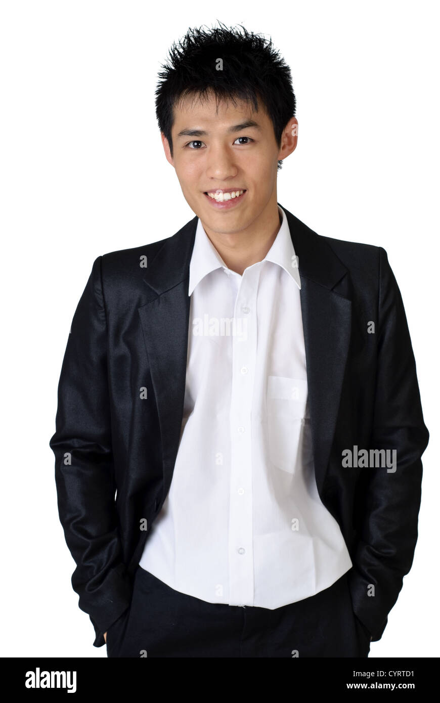 Cheerful Asian young businessman on white background Stock Photo - Alamy