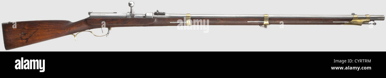 Needle rifle M 1841,Cal. 15.43 mm,no matching numbers,lock no. 9581,bolt receiver,screws etc. No. 9727. Bright 4-groove rifled bore,length 90 cm,several acceptance marks on the left in front of receiver,on right side marked '0,59' and 'FW'. Fixed rear sights with two folding leaves for cartridge M 1847. On left side of receiver marked 'Danzig' underneath eagle which is somewhat worn by cleaning,on the right acceptance marks and years '1858' and '1870'. Repaired needle,not original(?). Full stock with stamped brass furniture,unclear unit stamp '77...(,Additional-Rights-Clearences-Not Available Stock Photo