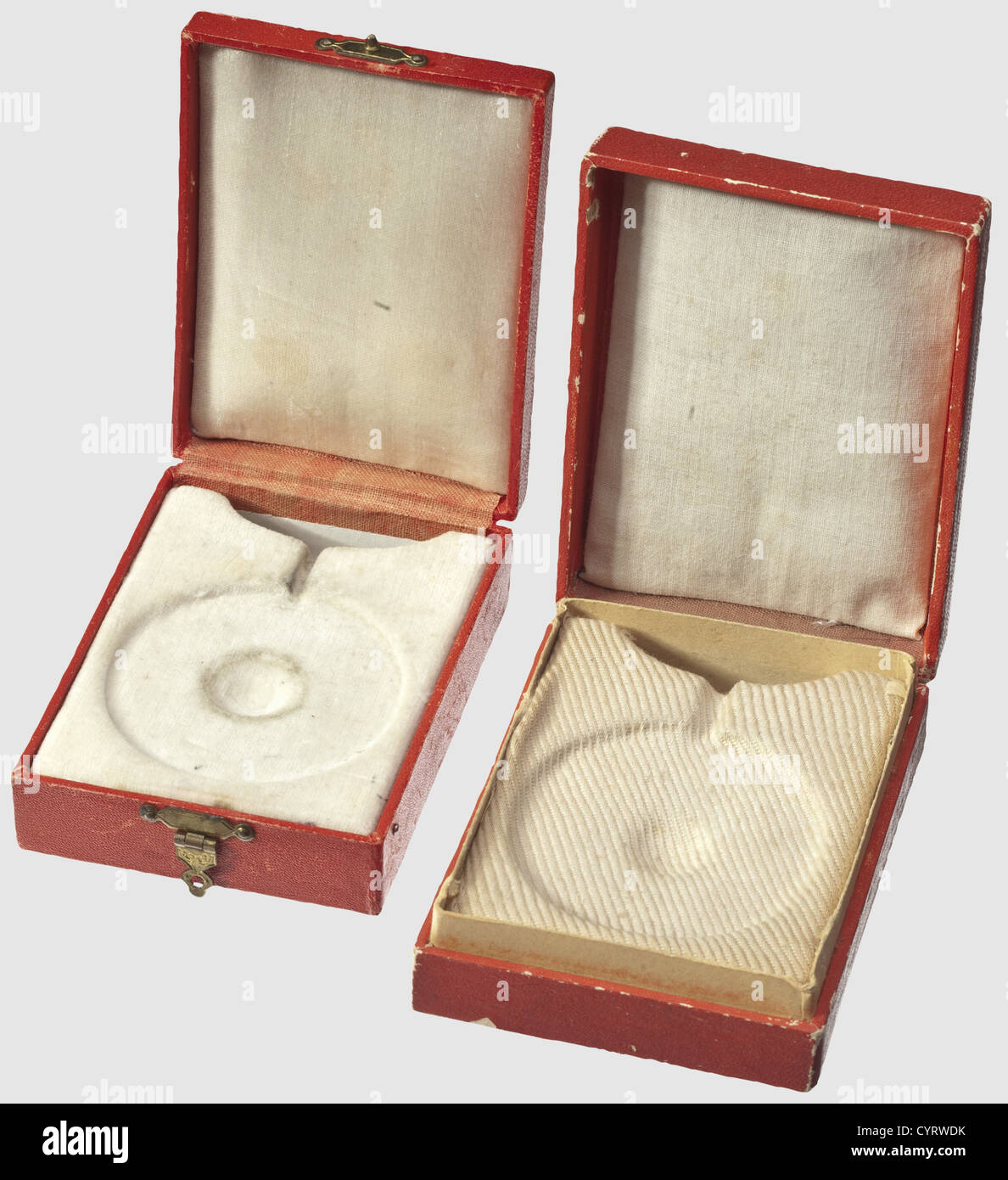 Five cases for the Order of St. Anne and the Order of St. Stanislaus, 2nd and 3rd Class, Russia, ca. 1910 Covers with gold stamped Russian double eagle. Dimensions from 88 x 62 to 93 x 71 mm. Cream-coloured velvet and linen liners in part replaced or reworked. Small defects and signs of usage, historic, historical, 1910s, 20th century, medal, decoration, medals, decorations, badge of honour, badge of honor, badges of honour, badges of honor, object, objects, stills, clipping, clippings, cut out, cut-out, cut-outs, Additional-Rights-Clearences-Not Available Stock Photo