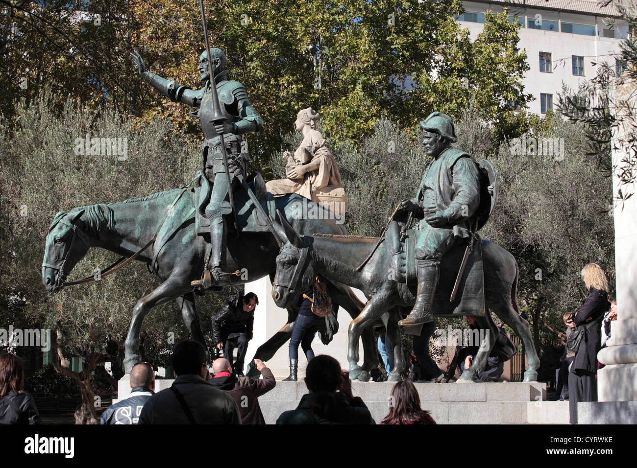 Plaza de Espana, Cervantes memorial staue, Don Quixote & Sancho Panza, bronze, Madrid, Spain Stock Photo