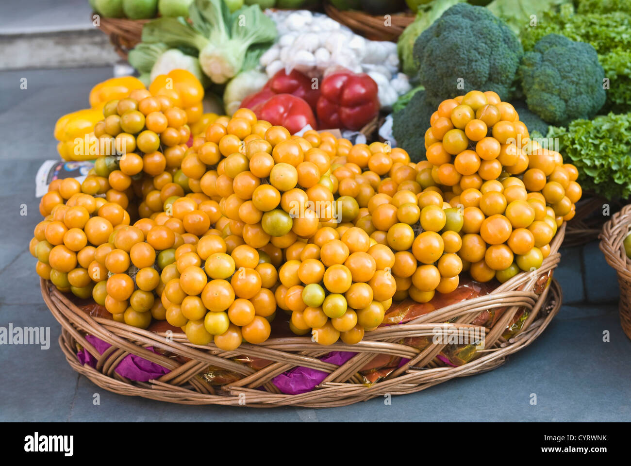 Fruits and vegetables for sale at a market stall, New Delhi, India