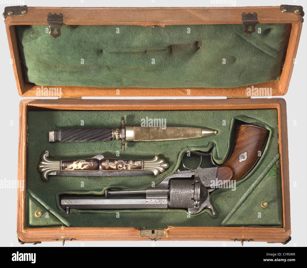 A pin-fire revolver in its case,Eugene Lefaucheux in Paris,circa 1860. Calibre 9 mm Lefaucheux,no. 2017. Octagonal 6' barrel with dovetailed front sight,6-shot cylinder. Barrel root,frame and cylinder with engraved vine leaf decoration. Smooth walnut grip panels,engraved pommel cap. Length 29.5 cm. Comes with matching leather-covered case,lightly curved lid with brass folding handle. Inside lined with green felt,additional jack-knife and dagger with sheath. Matching dagger,however not likely to be an original accessory. Knife length 33.5 cm,dagger len,Additional-Rights-Clearences-Not Available Stock Photo