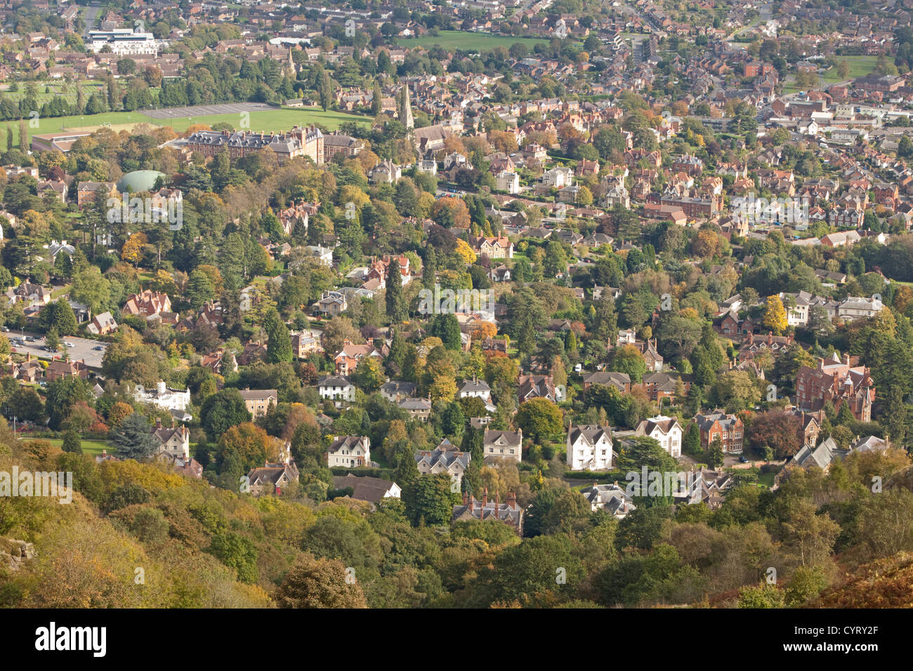 Malvern Wells town from the Malvern Hills in autumn, Worcestershire, England, UK Stock Photo