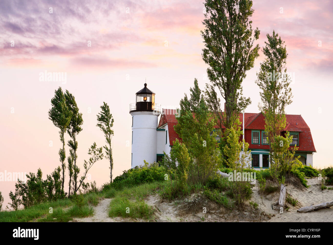 The Historic Point Betsie Lighthouse Just After Sunrise Along Lake