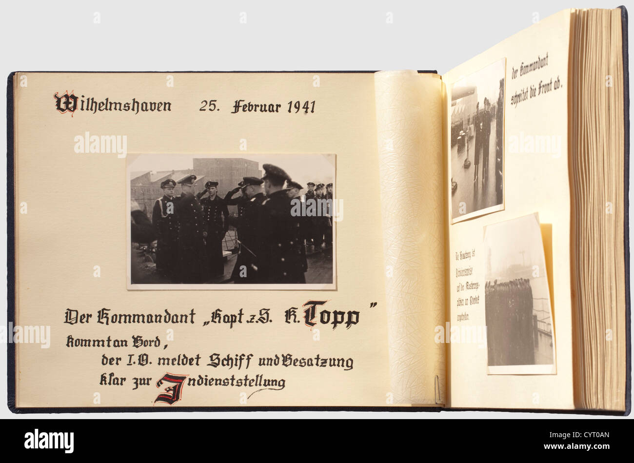 Battleship Tirpitz,orders,certificate and photo albums Comprehensive legacy from the property of a crew member of the 'TIRPITZ',Maschinen-Obergefreiter(engineer PFC)(Artillery)Albert Buddensiek. Including the orders: Fleet War Badge in nonferrous metal with maker's ID 'Fec. Adolf Bock Ausf. Schwerin Berlin',incl. award certificate issued on 11 Sept. 1943 with the original signature of Admiral Kummetz historic,historical,people,1930s,20th century,navy,naval forces,military,militaria,branch of service,branches of service,armed forces,armed serv,Additional-Rights-Clearences-Not Available Stock Photo