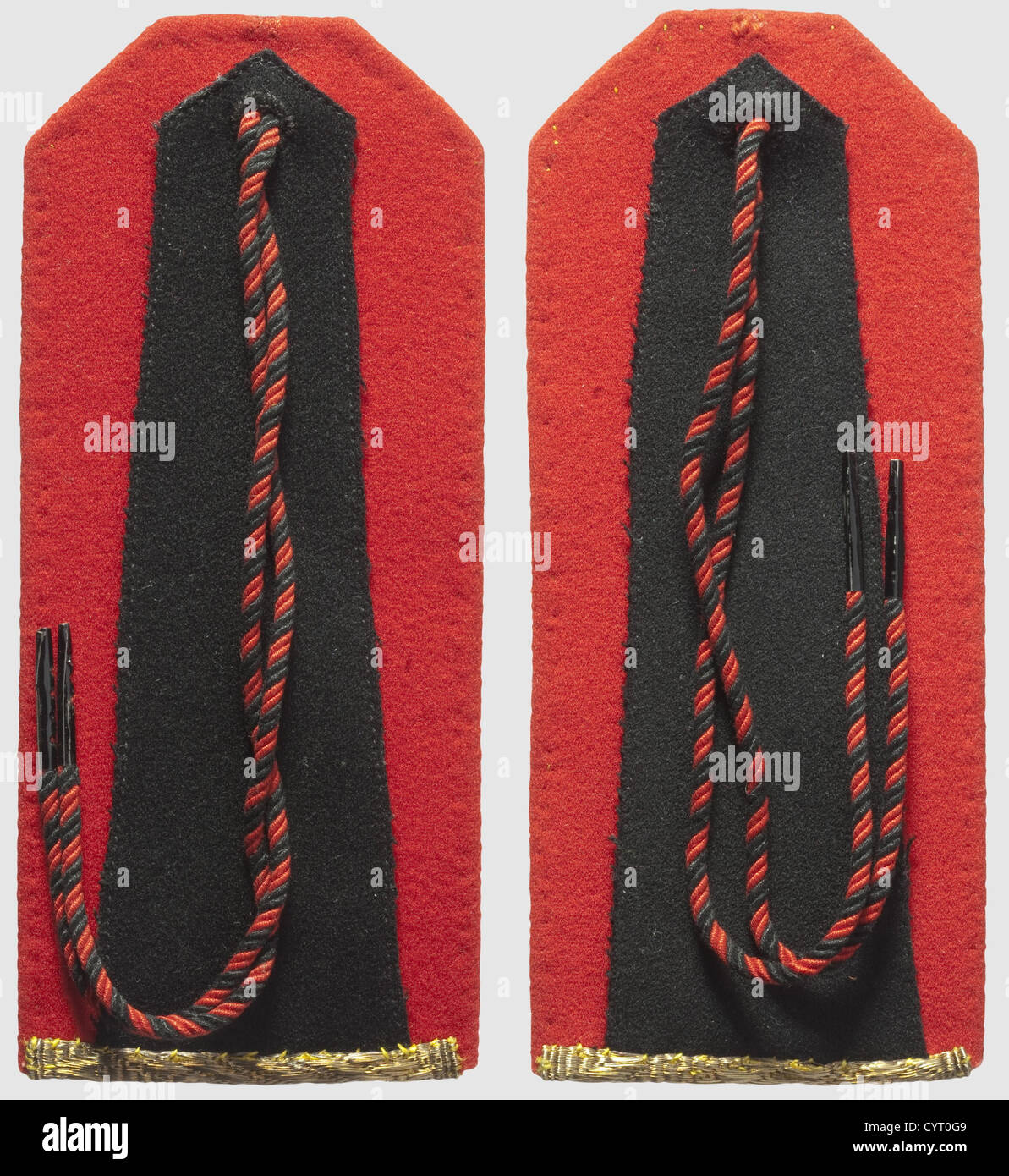 Field marshal shoulder boards for the uniform of a Colonel Proprietor,probably of the Russian Kexholmski Foot Guard Regiment The shoulder boards with applied silver coloured,partially gold plated and enamelled crossed marshal's batons on gold lace(slightly darkened),red cloth backing,black tongue.Golden double eagle buttons.The shoulder boards at hand supposedly belonged to Kaiser Franz Joseph I of Austria(1830 - 1916).Following his rise to the throne on 28th December 1848,Kaiser Franz Joseph I was the honorary proprietor of this regiment,which was c,Additional-Rights-Clearences-Not Available Stock Photo