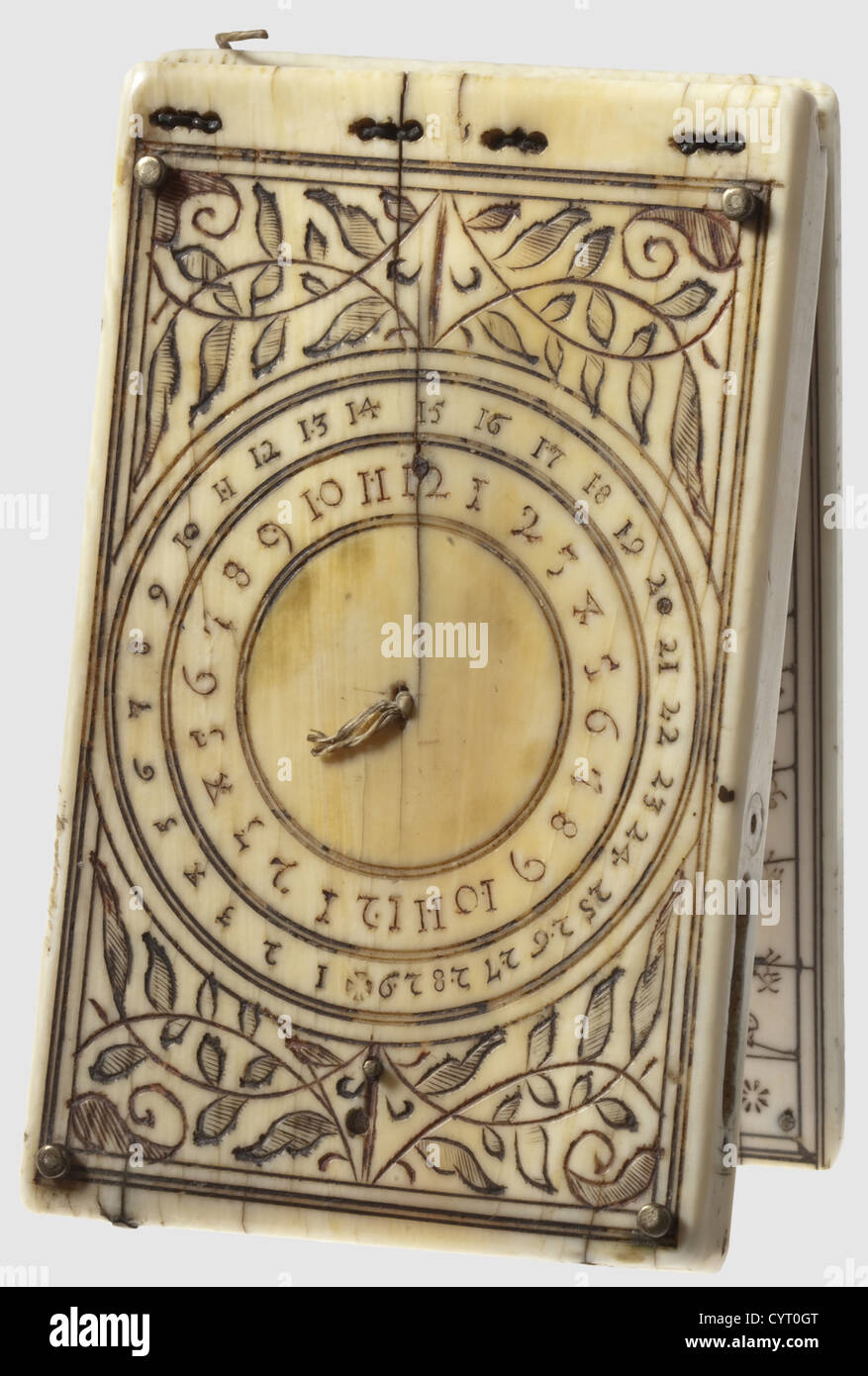 A German ivory folding sundial, Nuremberg, Leonhard Miller, 1617 Of rectangular form with finely engraved and chased decoration.
