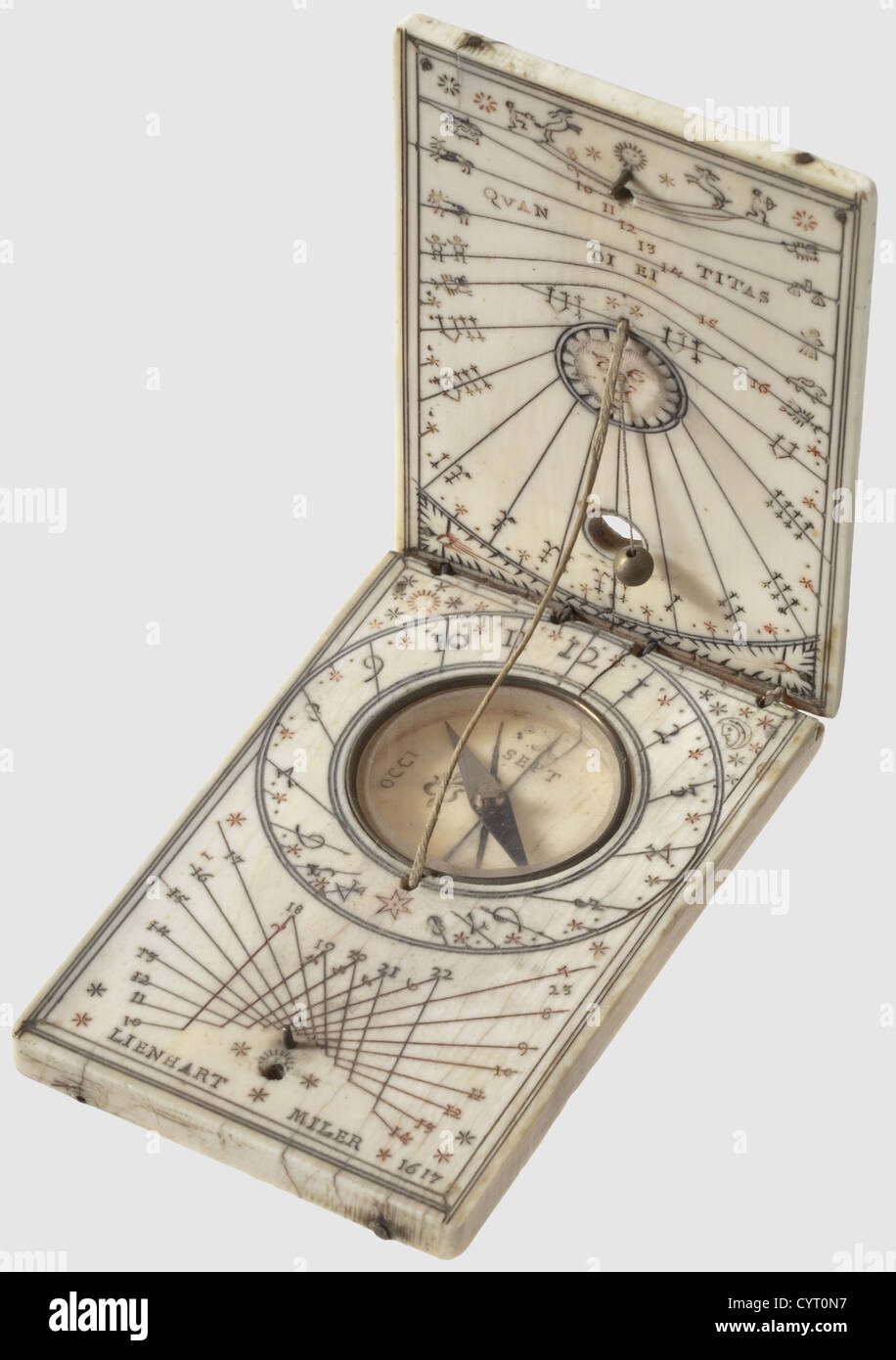 A German ivory folding sundial,Nuremberg,Leonhard Miller,1617 Of rectangular form with finely engraved and chased decoration.Folding lid with wire hinges and attached plumb bob.Compass with intact glass cover,the lower edge signed 'Lienhard Miler 1617'.The left edge with a small open compartment,the cover missing.Size 9.1 x 5.2 cm.Rare,superbly crafted folding sundial with beautiful decoration from late renaissance.Leonhard Müller,sundial maker,is known to have worked in Nuremberg between 1594 and 1653.Some of his extremely elaborate ivory sundia,Additional-Rights-Clearences-Not Available Stock Photo