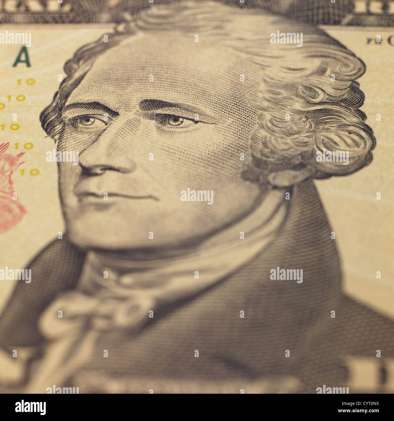 US ten dollars banknote closeup, Alexander Hamilton Stock Photo