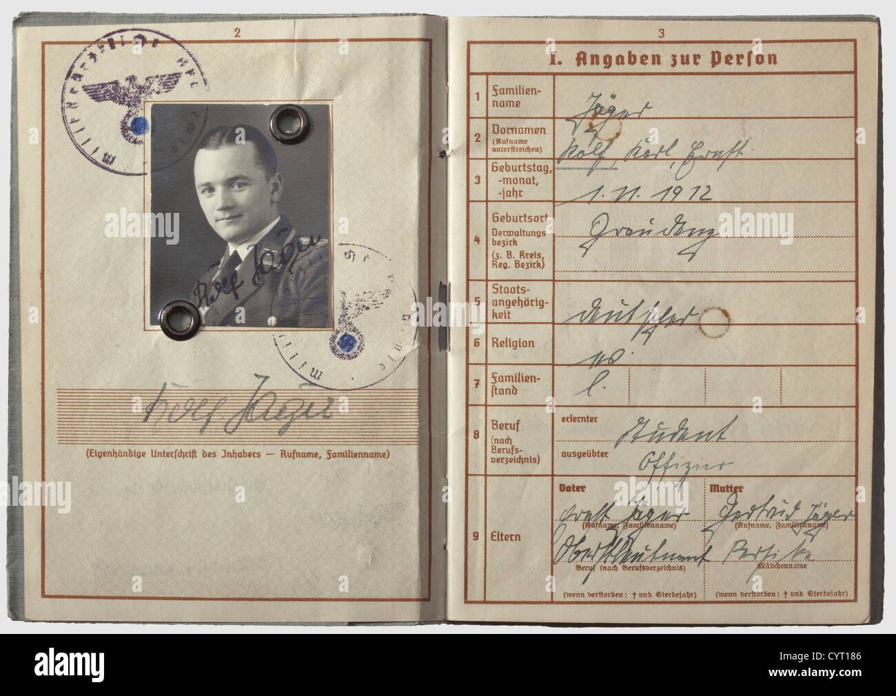Knight's Cross winner Dr. Rolf Jäger (1912 - 1984), a paratrooper's Wehrpass (service book) Issued on 22 December 1937, continued until 1 May 1946. On the second page is a photo of Jäger in uniform, pages 12 and 13 with entries for service locations and unit assignments (examples: Sturmabteilung Koch, I./Sturm-Regiment 1, 15, Fallsch. Jg. Ausb. Rgt. 1, Fallschirm-Kriegslazarett, 46. Brit. Inf. Div ! (7 Nov 1945 - 1 June 1946). Complete entries for all training courses, as a Fallschirmschützenlehrgang (Paratrooper training) 1940. Awards entries: Paratroop Badge,, Stock Photo