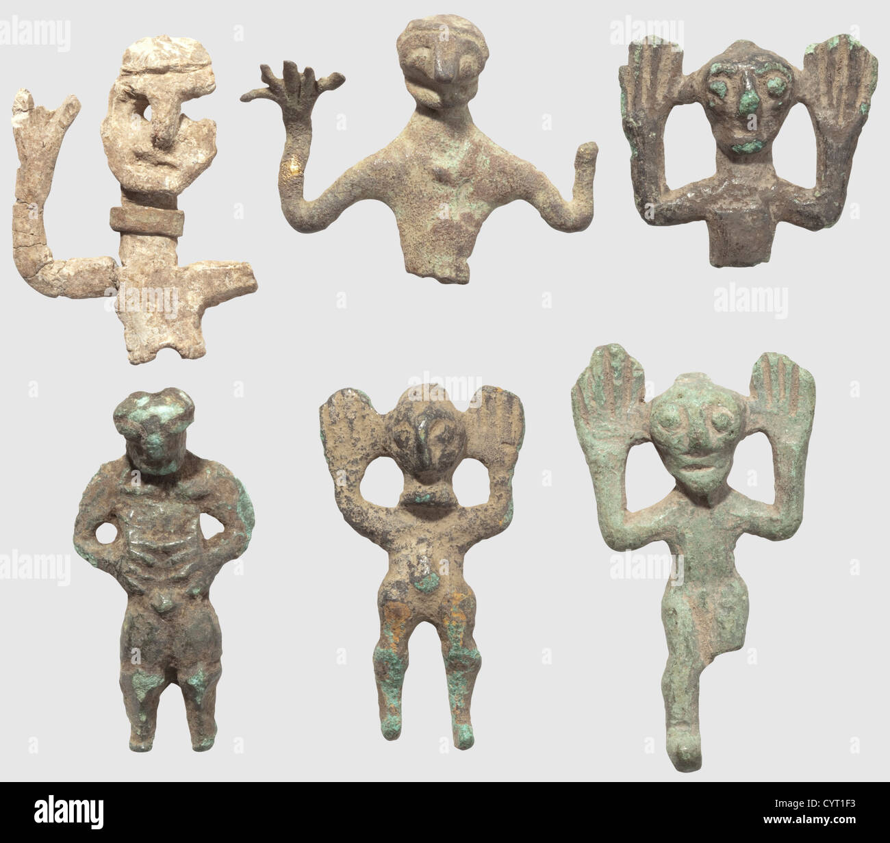 Collection of West Asian(steppe tribal)votive figures,8th-6th century B.C. Cast of solid bronze and lead,the patina varying. Consisting of 33 different figures(partially incomplete)and figure parts with raised hands or hands held in front of the abdomen. Heights between 1.8 and 6.3 cm. Cf. Archäologie der Sowjetunion vom Altertum bis zum Mittelalter,Bronzezeit Mittelasiens und des Kaukasus(1992),fig. 50 ff. Provenance: South German private collection,1970s and later,historic,historical,people,20th century,ancient world,ancient world,ancient tim,Additional-Rights-Clearences-Not Available Stock Photo