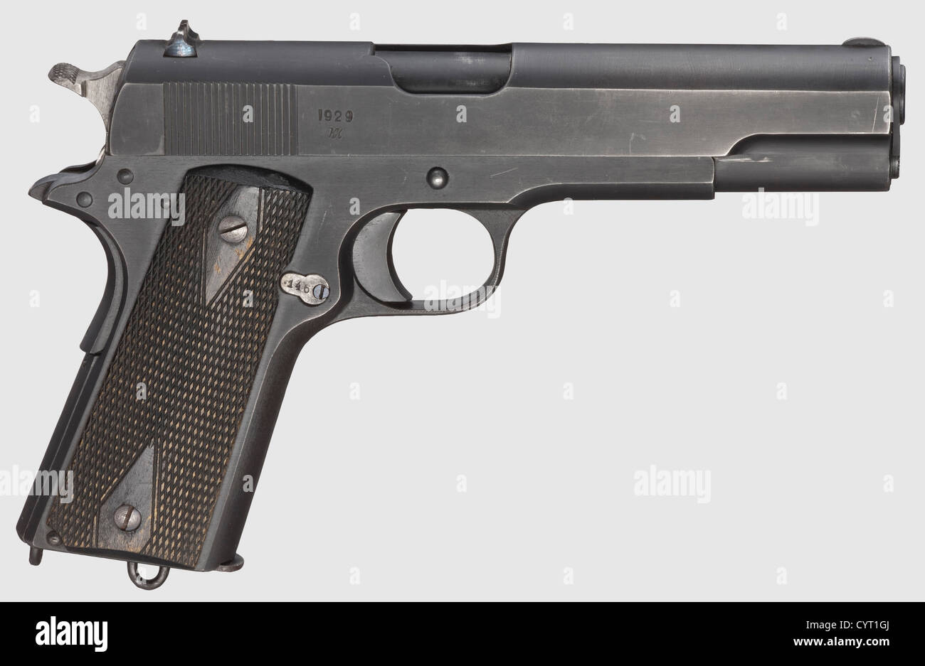 Automatic Pistol M/1914('Colt Kongsberg'),Cal.11.25 mm,no.21146.Completely matching numbers.Bright bore.Grip safety.On left side of slide marked '11,25 m/m AUT.PISTOL M/1914',on right side marked '1929' for the production year.Complete,original,black phosphatising.Blued front sight.Case-hardened hammer.Original,black factory-varnished softwood grip panels.Correct magazine with loop,no bluing on upper third.Collector's item in mint to new condition.Licensed replica of the Colt Pistol Mod.1911 by the Norwegian arms factory Kongsberg.Erwerb,Additional-Rights-Clearences-Not Available Stock Photo