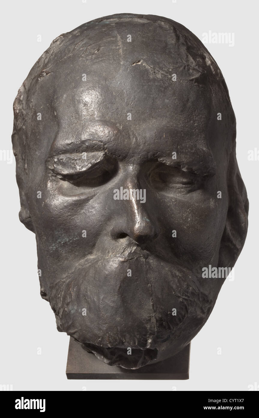 Friedrich Nietzsche(1844 - 1900),a death mask of the philosopher and poet  Bronze with dark brown patina,the base with foundry stamp "Noack  Berlin".Height ca.21 cm.Illustrated in: Die Vollendeten,Rosemarie  Clausen,Stuttgart 1941.The original death mask