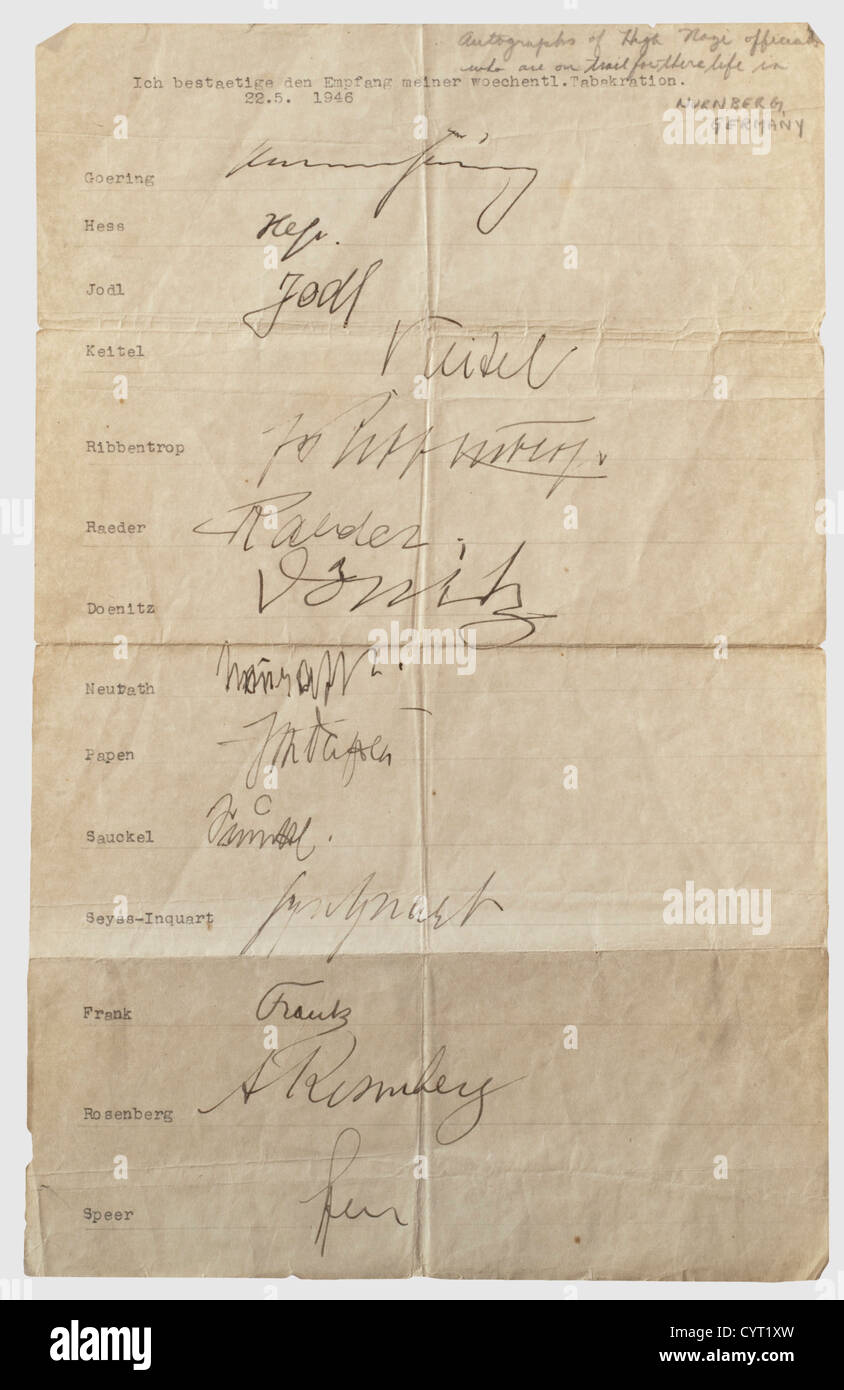 The Nuremberg Trials,signatures of 18 main defendants Two sheets with the signatures of 18 main defendants in the trial against the main war criminals. On those sheets,the latter confirm to have received their weekly tobacco ration during their arrest. The autographs: Hermann Göring,Alfred Jodl,Wilhelm Keitel,Joachim von Ribbentrop,Erich Raeder,Karl Dönitz,Konstantin von Neurath,Franz von Papen,Fritz Sauckel,Arthur Seyß-Inquart,Hans Frank,Alfred Rosenberg,Albert Speer,Baldur von Schirach,Hans Fritzsche,Wilhelm Frick,Hjalmar Schacht,Julius Str,Additional-Rights-Clearences-Not Available Stock Photo