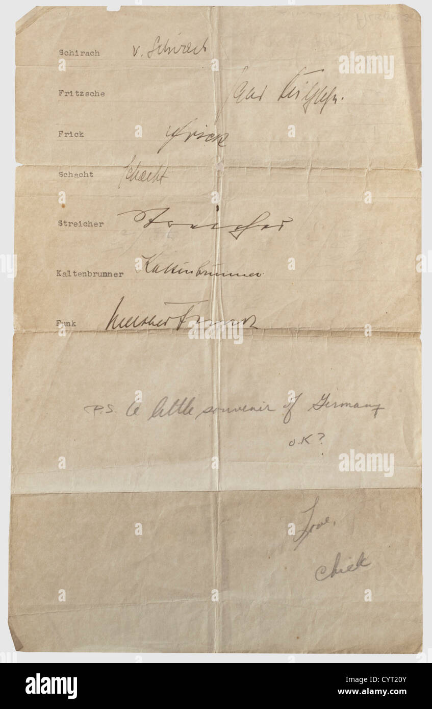 The Nuremberg Trials,signatures of 18 main defendants Two sheets with the signatures of 18 main defendants in the trial against the main war criminals. On those sheets,the latter confirm to have received their weekly tobacco ration during their arrest. The autographs: Hermann Göring,Alfred Jodl,Wilhelm Keitel,Joachim von Ribbentrop,Erich Raeder,Karl Dönitz,Konstantin von Neurath,Franz von Papen,Fritz Sauckel,Arthur Seyß-Inquart,Hans Frank,Alfred Rosenberg,Albert Speer,Baldur von Schirach,Hans Fritzsche,Wilhelm Frick,Hjalmar Schacht,Julius Str,Additional-Rights-Clearences-Not Available Stock Photo