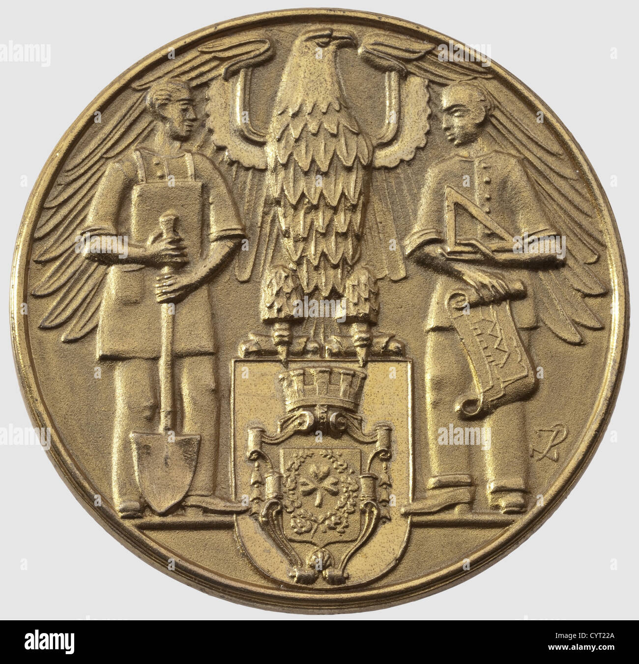 Julius Streicher(1885-1946),a large plaque granting the Gauleiter honorary citizenship of the city of Fürth The medal of gilt silver,the obverse showing an eagle carrying the coat of arms of Fürth,flanked by a craftsman and a worker.The reverse with the inscription 'The city of Fürth in Bav.confers upon the Franconian leader Julius Streicher,brave comrade-in-arms of Adolf Hitler,honorary citizenship - October 33 - Jacob Lord Mayor'.The edge of the medal stamped with hallmark '920'.In original silver presentation case,the obverse engraved with a view ,Additional-Rights-Clearences-Not Available Stock Photo