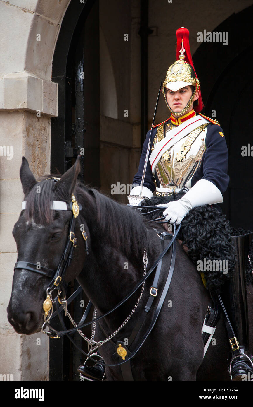 Mounted Soldier of the Horse Guards on duty at Whitehall, London England, UK Stock Photo