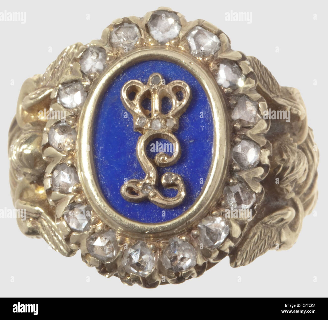 King Ludwig II of Bavaria(1845 - 1886),A presentation ring set with diamonds for the Duc de Montpensier in 1874 Gold,lapis lazuli and 22 diamond roses.The large edition for men.The inner medallion engraved with the coat of arms of the Dukes of Montpensier and the date '26 aout 1874'.13.06 g.A present from King Ludwig II to Antoine d'Orleans,Duc de Montpensier(1824 - 1890)on occasion of his second journey to Paris from 21 - 28 August 1874.The duke was the fifth son of Louis Philippe and married the Spanish Infanta Maria Luisa Ferdinanda(1832 - 1897),Additional-Rights-Clearences-Not Available Stock Photo