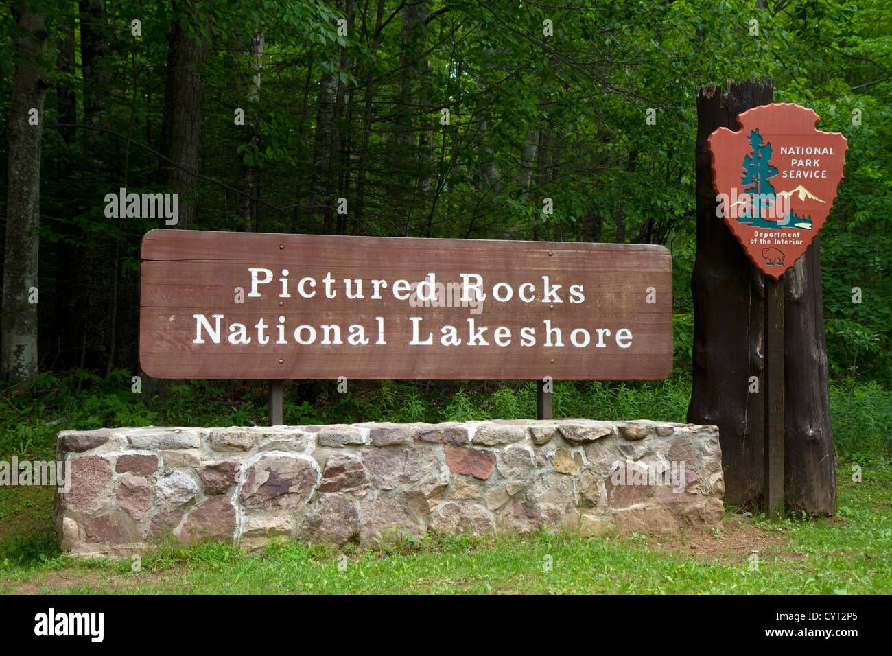 Pictured Rocks National Lakeshore park entrance located on the shore of Lake Superior in the Upper Peninsula of Michigan, USA. Stock Photo