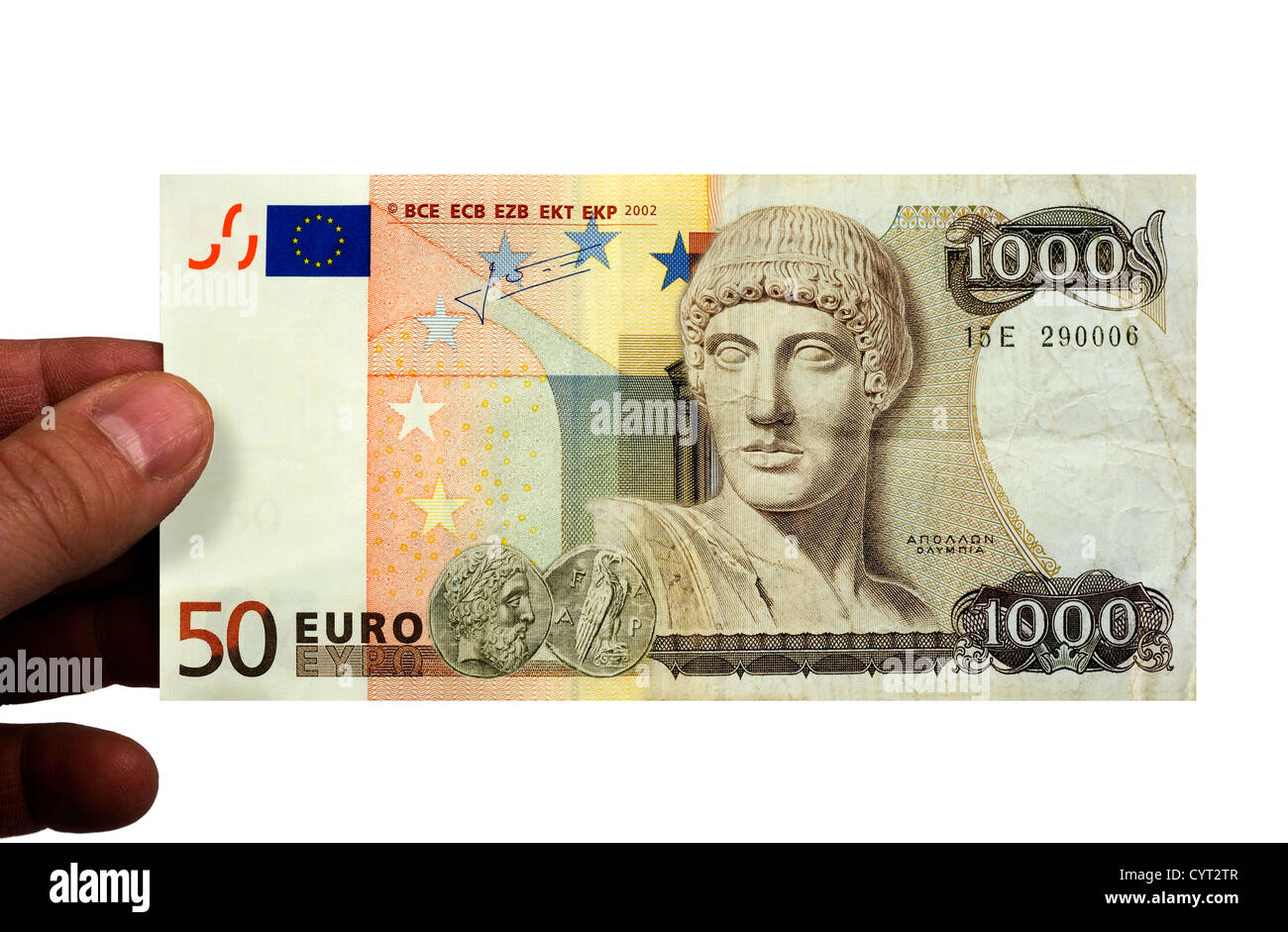 A 50 euro bill, and a 1000 drachmen bill combined. Stock Photo
